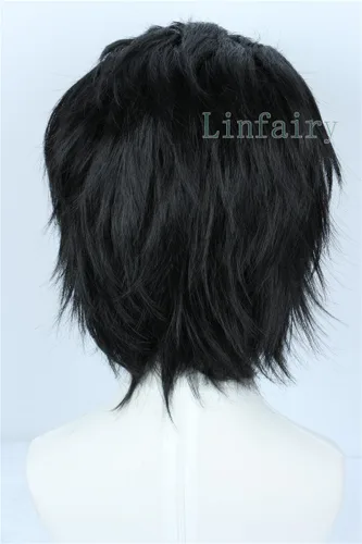 Vista 4 de Linfairy Peluca corta negra para cosplay, peluca de disfraz de Halloween para hombres Negro