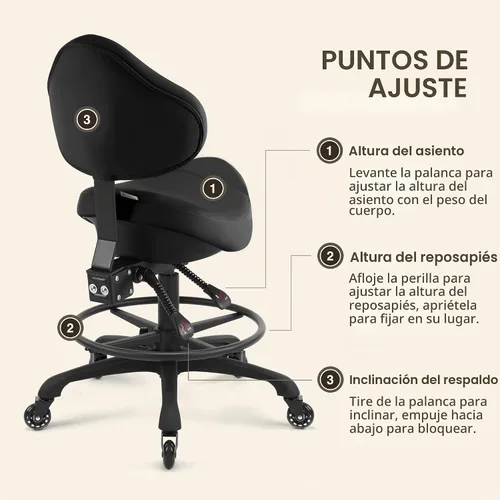 Vista 4 de Silla neumática giratoria con ruedas y respaldo ergonómico para Negro