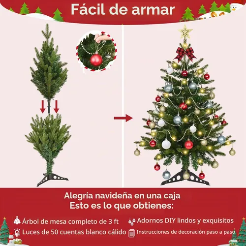 Vista 7 de Uspring Árbol de Navidad pequeño de 3 pies con luces, árbol de Navidad artificial de mesa con 50 luces LED y adornos colgantes de bricolaje, mini