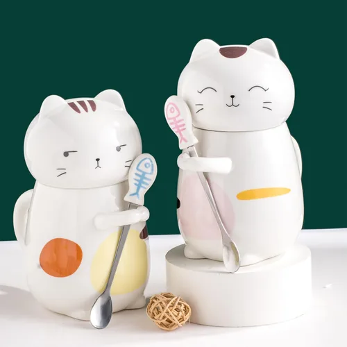 Vista 6 de Disoza Taza de Gato con Tapa Regalo de Gato Taza de Té de Cerámica con Cuchara Taza de Té de Café 400 ML Taza de Navidad Regalo de Cumpleaños