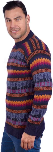 Vista 2 de Cuello Redondo Azul Marino Alpaca Suéter para Hombre - Jersey de Invierno