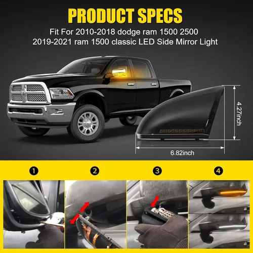 Vista 4 de Luces LED de Marcador para Espejo Lateral compatibles con Dodge Ram 1500 2500 2010-2018 Classic 2019-2021, Luces de Espejo Lateral Ram 1500