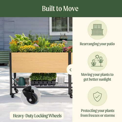 Vista 6 de Cama de jardín elevada con ruedas, macetas elevadas de grano de madera de metal de 2 x 4 pies con patas y estante de almacenamiento para patio