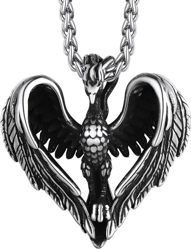 Vista 14 de Richsteel Phoenix/Wolf/Rock Hand/Skeleton Necklace for Men Phoenix Negro