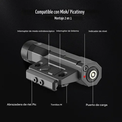 Vista 3 de DEFENTAC linterna de aluminio de 2400lm es compatible con riel Picatinny/Mlok para rifle, luz recargable para arma con modo