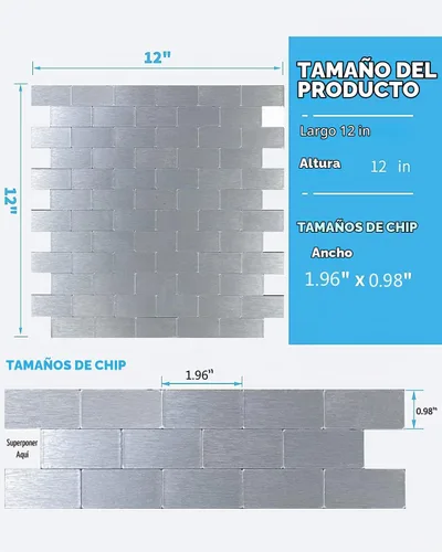 Vista 3 de XUANINY 10 láminas de azulejos metálicos despegables y adhesivos para salpicadero, autoadhesivos de aluminio cepillado estilo subway, pegatina