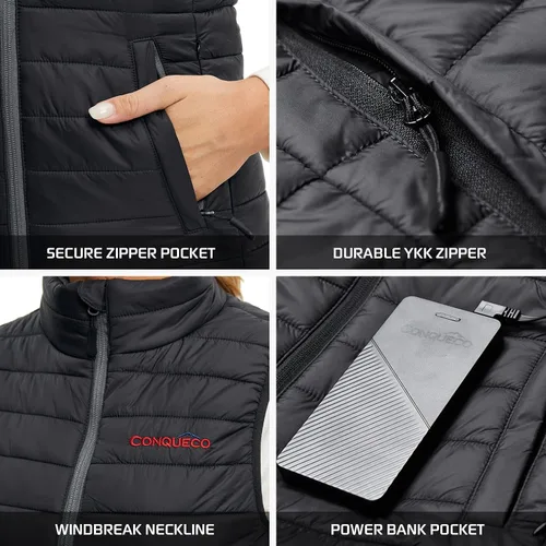 Vista 7 de CONQUECO Chaleco calefactable, chaleco térmico ligero para mujer con batería