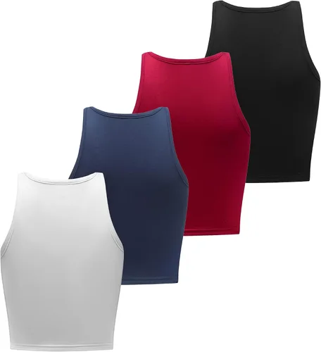 Vista 3 de Formeet17 4 piezas de camiseta corta básica sin mangas para mujer, cuello redondo