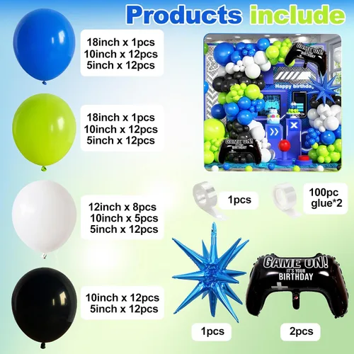 Vista 3 de Jobkoo Kit de Guirnalda de Arco de Globos de Videojuegos con Globos de Papel Metálico de Controlador de Juego Globos de Látex Azules Verdes Negros