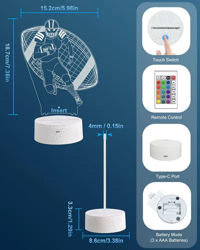 Vista 7 de Attivolife Luz nocturna de jugador de fútbol americano para niños, lámpara LED de ilusión de rugby 3D, 16 colores cambiantes con control remoto