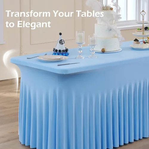 Vista 7 de Paquete de 2 manteles de elastano azul bebé de 6 pies con falda de mesa con volantes, manteles ajustables elásticos sin arrugas para mesas