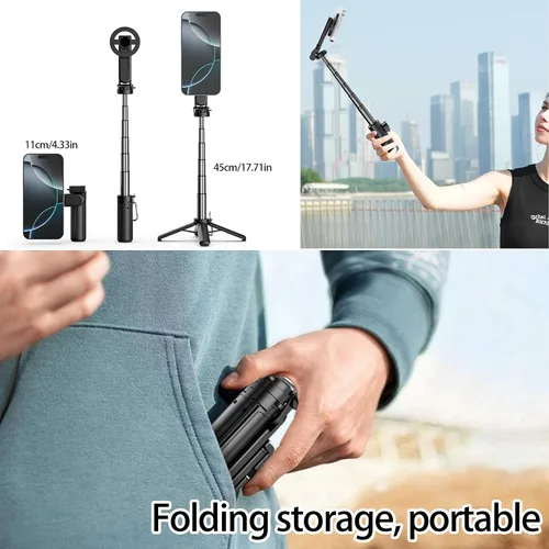Vista 15 de Palo selfie magnético multifuncional 4 en 1 con rotación de 360°, mini trípode portátil extensible para teléfono con control remoto y anillo