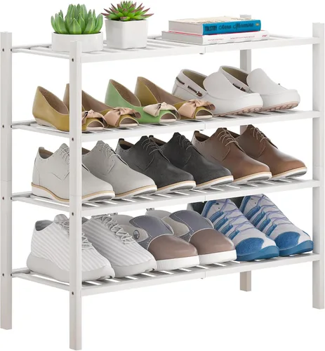 Vista 19 de Zapatero de bambú apilable para zapatos, organizador de almacenamiento para unidad, entrada, pasillo y armario, estante resistente independiente
