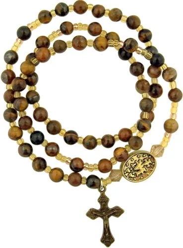 Vista 2 de Pulsera de rosario giratorio con cuentas de oración de ojo de tigre con medalla milagrosa, talla única