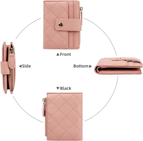Vista 3 de Cartera de cuero para mujer, pequeña, compacta, plegable, con bolsillo para monedas con cremallera