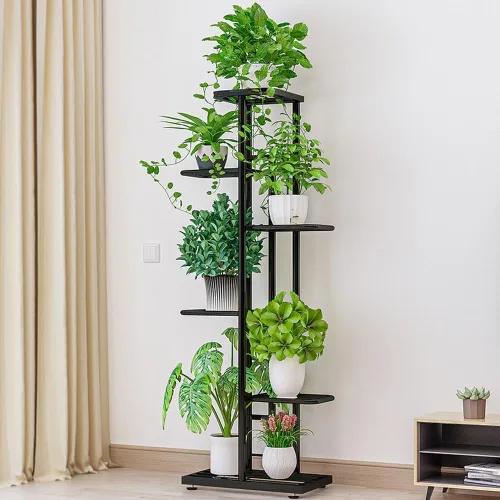 Vista 7 de Soporte de metal para plantas, para interiores y exteriores, 6 niveles y 7 macetas, soporte de esquina para plantas, soportes escalonados para sala