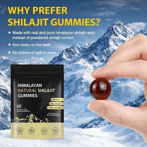 Vista 3 de J-PRQ Gomitas Shilajit del Himalaya, gomitas Shilajit para hombres y mujeres con Ashwagandha Gokshura 85+ minerales, 100% naturales, 60 gomitas
