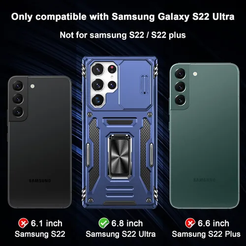 Vista 2 de Saiboro Funda para Galaxy S22 Ultra con funda para cámara y soporte, a prueba de golpes para S22 Ultra 5G 2022 (azul)
