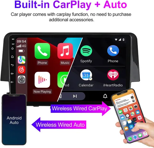 Vista 3 de Radio Android estéreo para Honda Civic 2016-2021, Biorunn 9 pulgadas GPS inalámbrico con cable Car-Play Android Auto IPS pantalla táctil navegación