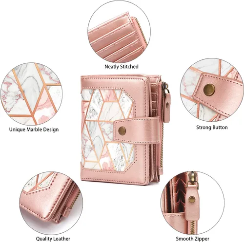 Vista 4 de Cartera pequeña para mujer, billetera plegable con bloqueo RFID, tarjetero con bolsillo con cremallera, Mármol rosa dorado, Vintage