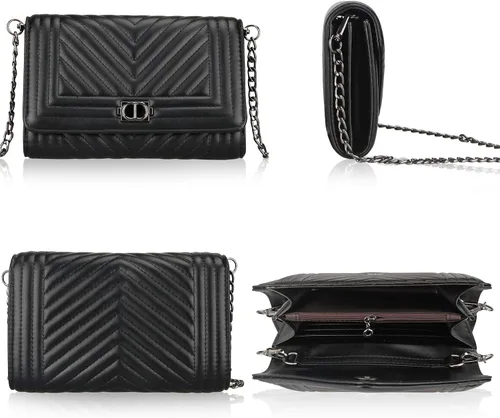 Vista 6 de Bolso cruzado pequeño de cuero para mujer, bolso acolchado negro para teléfono, bolso de mano con cadena, bolso cruzado con solapa