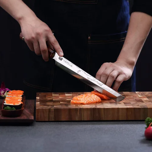 Vista 3 de Cuchillo Sakimaru de la Serie Prestige con Funda de Nogal, Hoja de Acero Damasco Japonés SKD11, Mango Octagonal de Madera de Ébano, Cuchillo