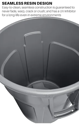 Vista 2 de Rubbermaid Commercial Products BRUTE - Bote de basura redondo de alta resistencia, 10 galones, color gris, contenedor de residuos para exteriores