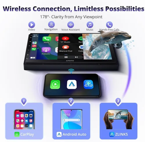 Vista 4 de ATOTO A5L - Estéreo de coche doble DIN Android de 7 pulgadas, radio de coche con Wi-Fi/Bluetooth/USB, CarPlay inalámbrico y Android Auto