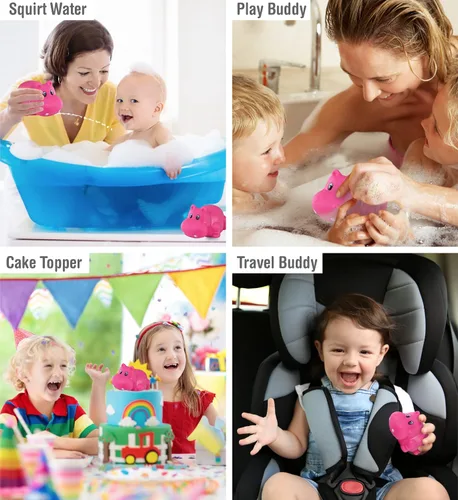 Vista 3 de DolliBu Hippo Bath Buddy Squirter - Juguete flotante de goma hipopótamo rosa, divertido juego de baño para niños pequeños, lindo y suave, juguete