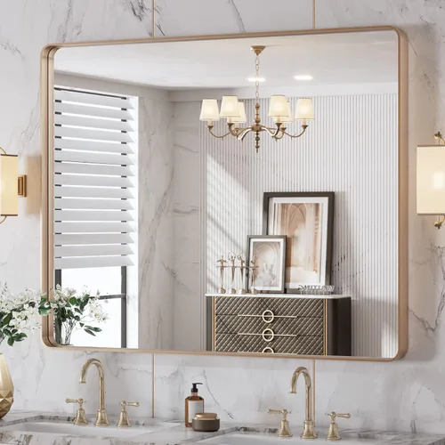 Vista 87 de LOAAO 20x16 Pulgadas Espejo de Baño con Marco de Metal Negro para Pared, Espejo de Tocador de Baño de Estilo Granja, Espejo Grande Rectangular