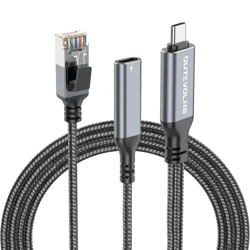 Vista 7 de Cable USB C a Ethernet y carga hembra de 6.6 pies, USB-C hembra 60 W PD y Gigabit LAN dos en uno, cable de nailon tipo C a RJ45, conectado
