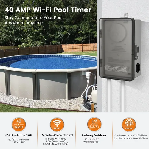 Vista 2 de SURAIELEC Temporizador de piscina WiFi, interruptor inteligente para interiores y exteriores, 40 amperios, 2 HP, 120, 240, 277 VAC, controlador