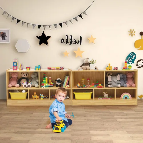 Vista 8 de MEDIMALL Organizador de almacenamiento de juguetes para niños de 5 cubos, estante de almacenamiento de madera de 2 niveles para libros y juguetes