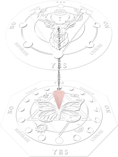Vista 2 de AHANDMAKER Juego de tablas de péndulo de bruja acrílica, 2 estilos, planchette de radiestesia metafísico con collar de péndulo de cristal para altar