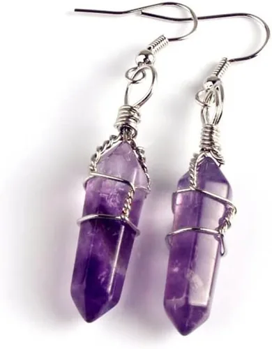 Vista 2 de Amatista de cristal curativo natural envuelta en alambre, chakra hexagonal gancho colgante ojo de tigre para mujer, joyería TQ42E (ópalita ópala)