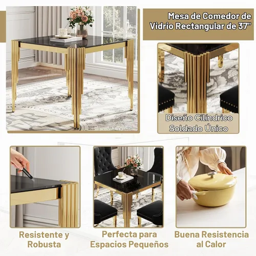Vista 7 de Juego de mesa de comedor de cristal de 5 piezas para 4, mesa de cocina cuadrada de 37 pulgadas con 4 sillas tapizadas de terciopelo negro, mesa