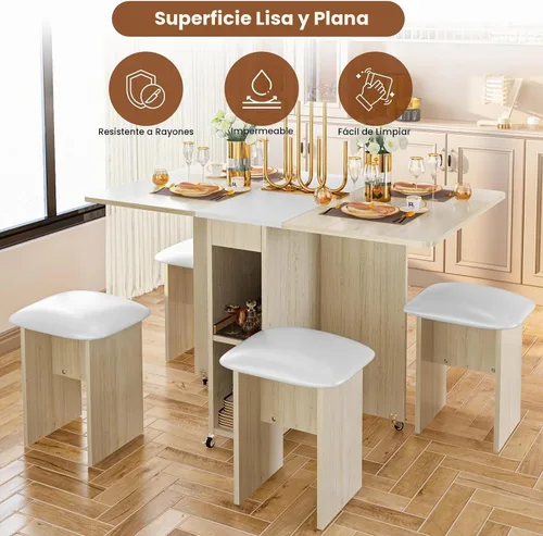 Vista 4 de furlinkhm Juego de mesa de comedor plegable para 4, mesa de comedor con 4 sillas y estantes de cuero, mesa de comedor plegable que ahorra espacio