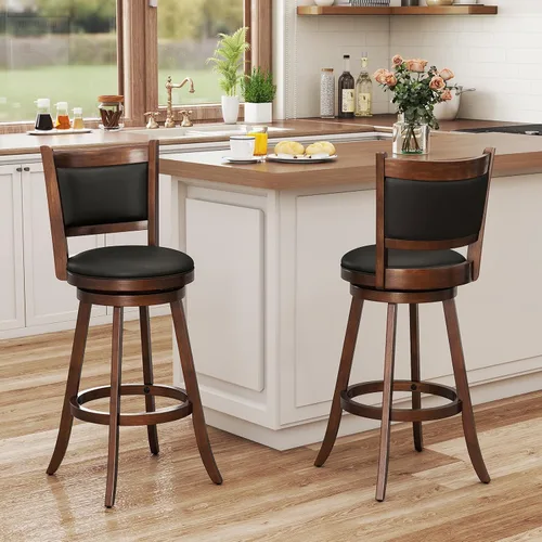 Vista 2 de COSTWAY Juego de 2 taburetes de bar, giratorios de 360 grados, taburete giratorio de madera con acento de altura, diseño tapizado de cuero, asiento