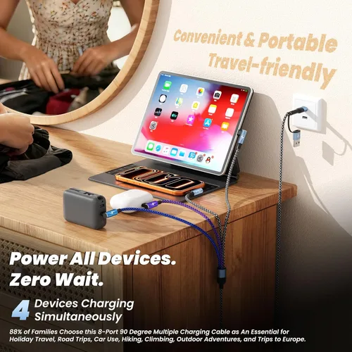 Vista 8 de Cargador de teléfono de 90 grados, cable de carga múltiple 4 en 2, cable USB C CarPlay con doble tipo C, micro USB, puerto IP, cable USBC de nailon