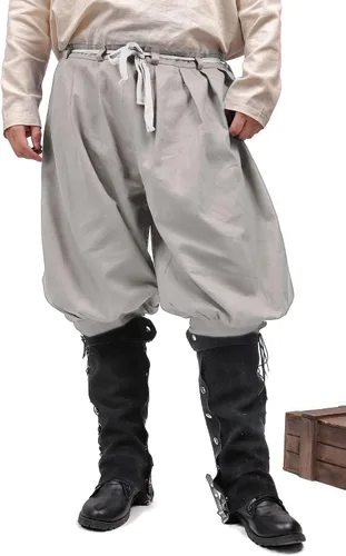 Vista 2 de VISINE FURPHI - Pantalones coloniales medievales para hombre, pantalones cortos de lino con bandas a la rodilla, disfraz renacentista