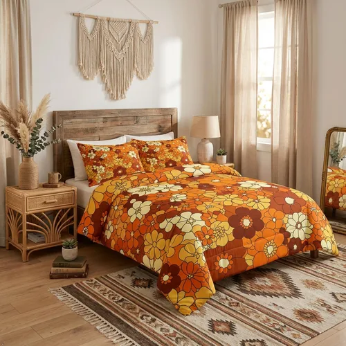 Vista 2 de Juego de ropa de cama con estampado floral bohemio, tamaño individual, diseño retro de flores groovy, 60S y 70S, juego de edredón de flores hippie
