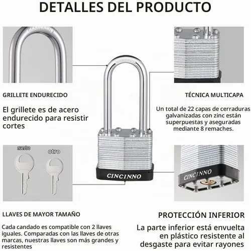 Vista 3 de CINCINNO Candado de acero laminado con llave, paquete de 6 candados iguales con grillete largo