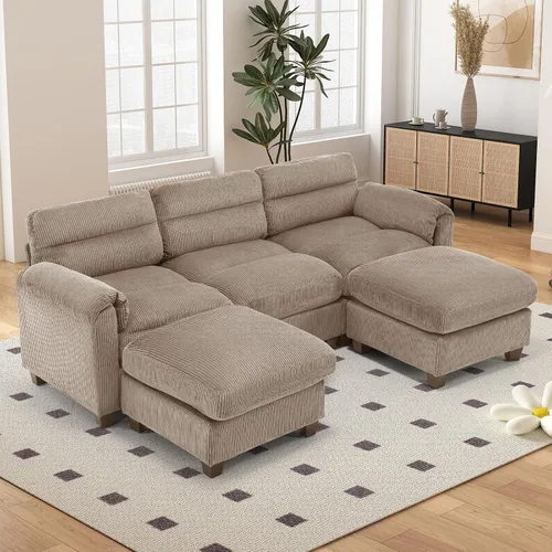 Vista 29 de HAOMARKETS Sofá esquinero modular en forma de L de 115 pulgadas con 2 otomanas móviles, sofás de pana de 8 plazas con cojín grueso para sala de Beige