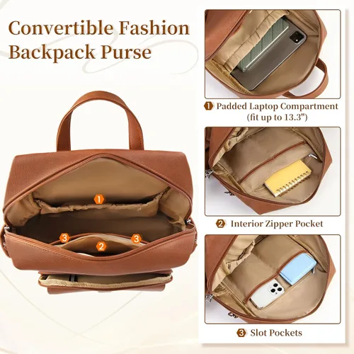 Vista 4 de RAINSMORE Mochila convertible para mujer, de piel sintética, impermeable, a la moda, de 13.3 pulgadas, antirrobo, bolsa de hombro cruzada