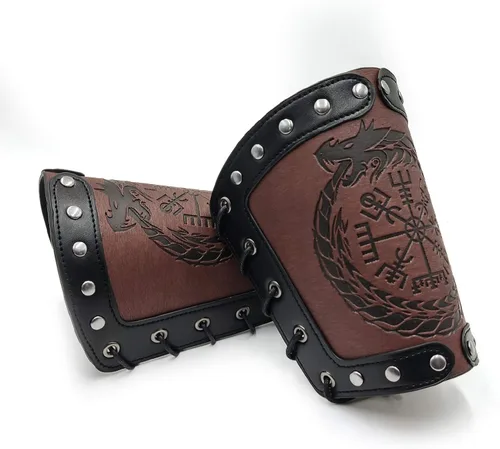 Vista 4 de HiiFeuer Brazo de cuero Jormungandr en relieve, guante de brazo vikingo