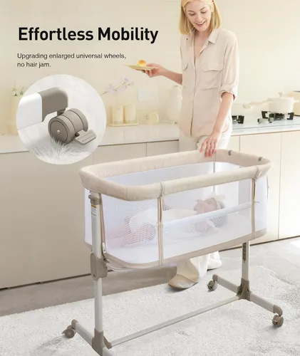 Vista 10 de Fodoss Cuna para Bebé al Lado de la Cama - Cuna con Malla Completa al Lado de la Cama con Ruedas, Cuna para Bebé Ajustable en 7 Alturas
