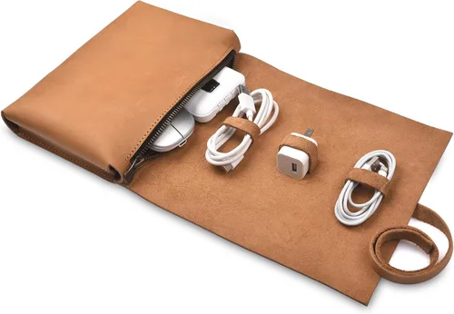 Vista 9 de Bolso de cuero para tecnología con cables y cargadores Bolso de tecnología Bolso de accesorio de viaje con cremallera Estuche organizador