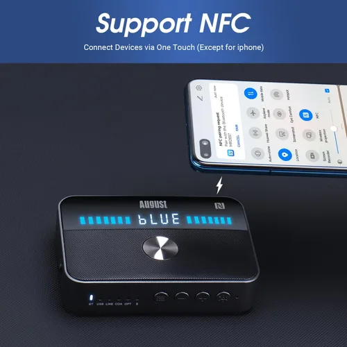 Vista 4 de August MR285 Receptor transmisor Bluetooth para AUX, RCA, óptico, coaxial y USB - Adaptador de audio Bluetooth NFC para TV, coche, auriculares