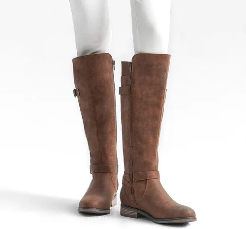 Vista 6 de ALLOT Botas altas hasta la rodilla para mujer, botas de equitación elásticas de moda, tacón bajo, correa de hebilla, zapatos de motocicleta