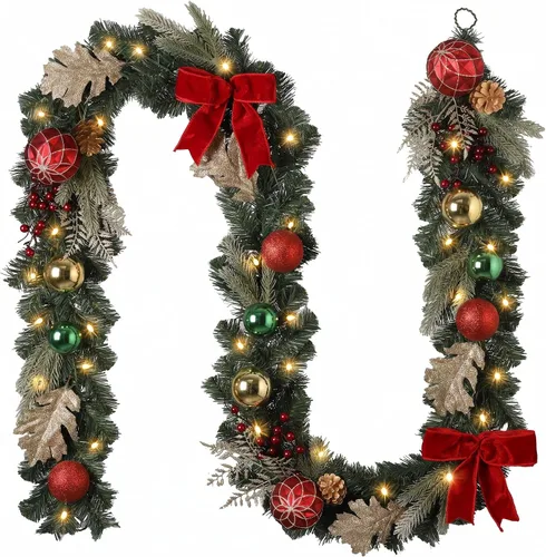Vista 9 de Valery Madelyn Guirnalda de Navidad preiluminada de 9 pies con bolas de oro rojo/dorado